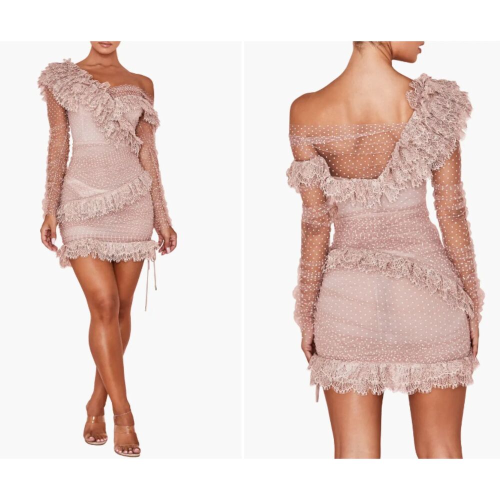 House of CB Sorrel Tulle Asymmetric Mini Dress XS Blush Lace Sheer Coquette NWT